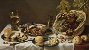 Tabletop Still Life with Mince Pie and Basket of Grapes, Pieter Claesz